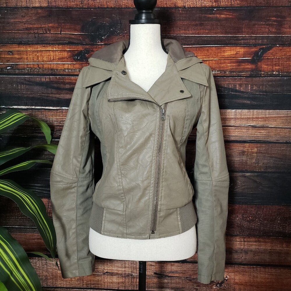 Jack Moto Bomber Jacket M Hooded Asymmetrical Zip Lined Beige Faux Leather